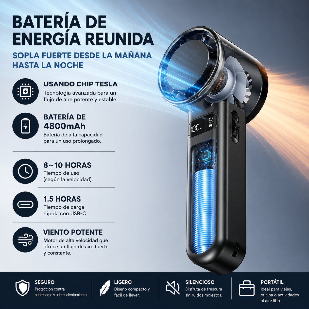 Ventilador de Mano Turbo Mini Portátil – Recargable USB con Batería 4800 mAh